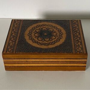 Vintage Wooden Box Poland Pyrography Hinged 4.5 X 3.25” EUC Carved Wood